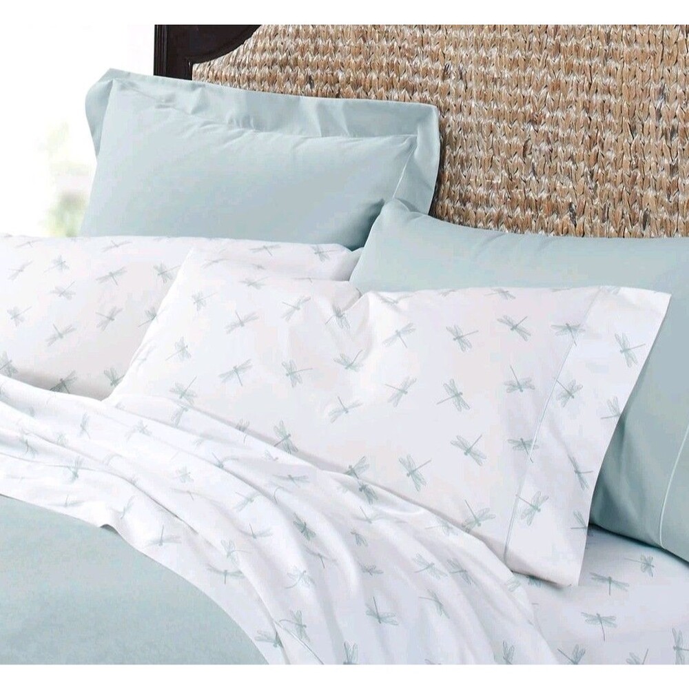 Cuddledown Dragonflies King Pillowcases White Seaglass NWT 400TC 100% Cotton
